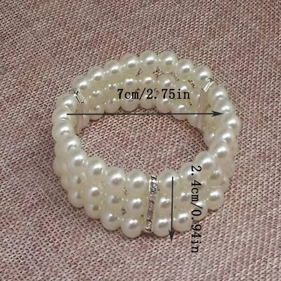 Three Layers Faux Pearls Beaded Bracelet Multi-layer Elastic Bangle Bracelet - Picture 6 of 6